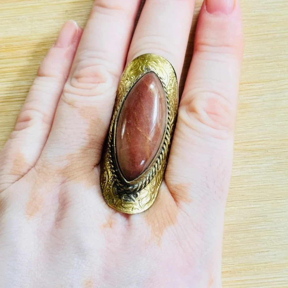 BOHO Jasper Cocktail Ring Brass Etched Statement MCM 70s OOAK Adjustable VTG